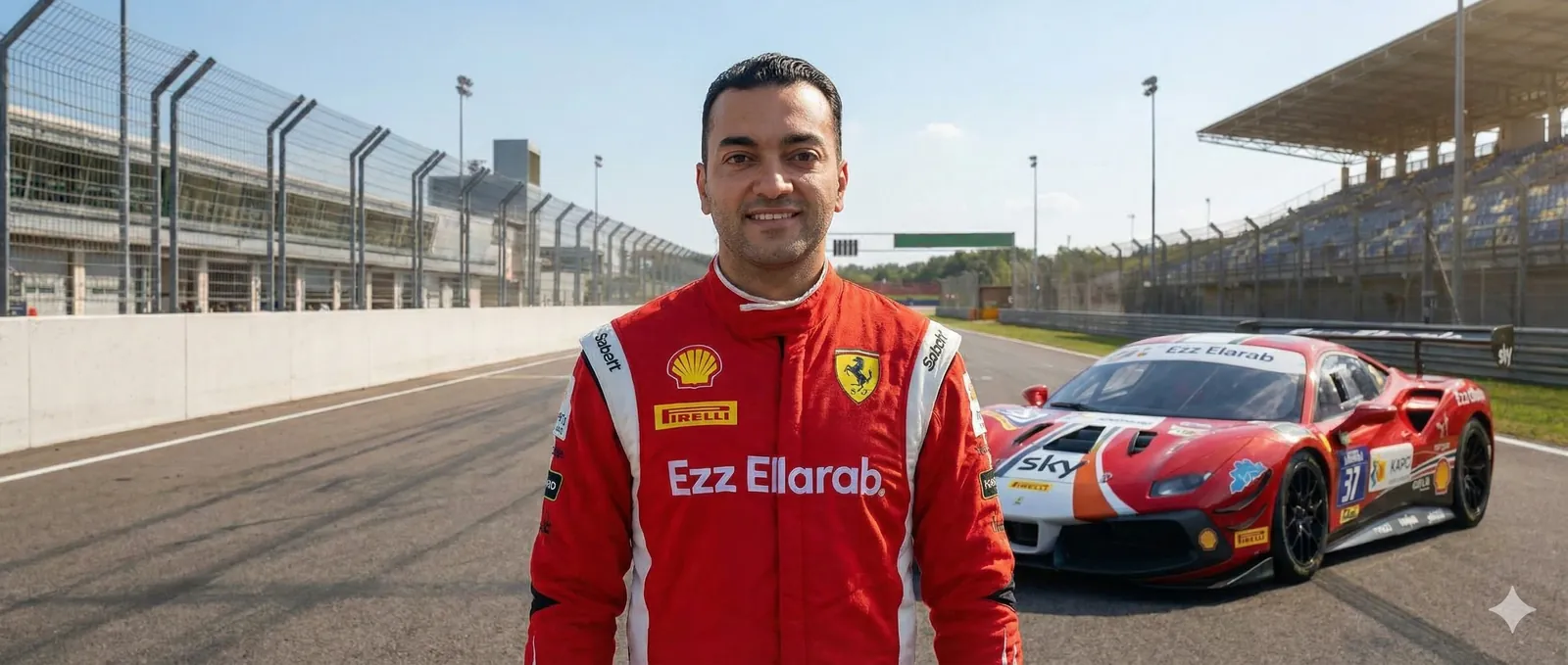 Mohamed Hamdy on the starting grid with his Ferrari